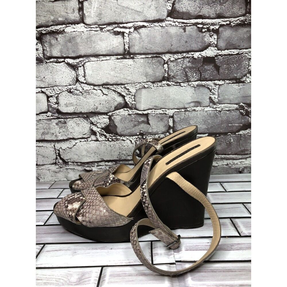 Longchamp Gray Taupe Snake Skin Leather Peep Toe Wedge Strap Sandals Women Sz 38